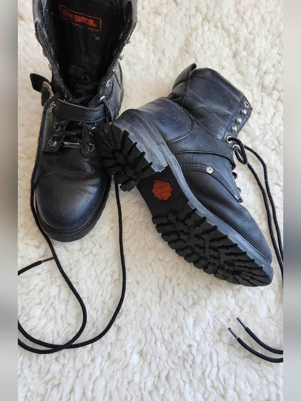 Worn Harley-Davidson Black Leather Lace-Up Motorcycle Boots, Size 9 Womans